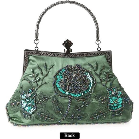 Womens Floral Beaded Rhinestone Embroidery Clutch Green - Picture 2 of 7
